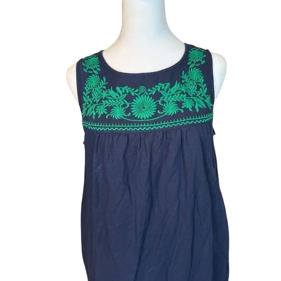 J Crew Factory Shift Dress Med Navy Blue Green Embroidered Linen‎ Blend Pockets - Picture 4 of 12